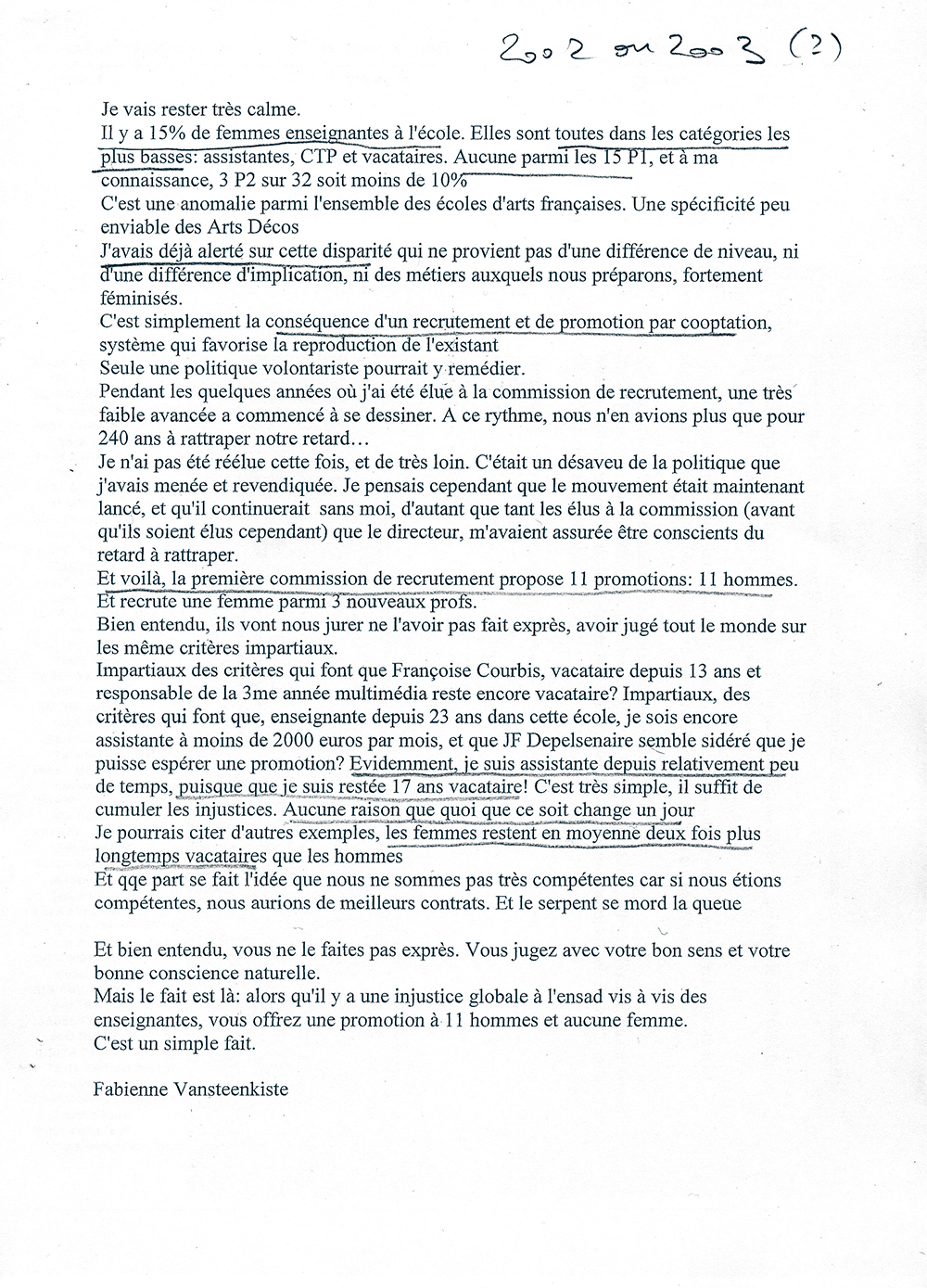 Fabienne Vansteenkiste, tract distribué dans les boîtes à lettres des enseignant·es fin 2002.