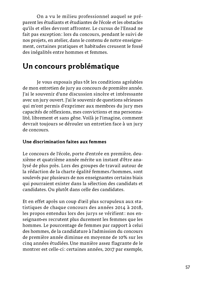 Alexandra Piat, Sexisme aux Arts Décoratifs, lutter pour l’égalité suivi par Lucile Encrevé, 2019, bibliothèque de l’Ensad.