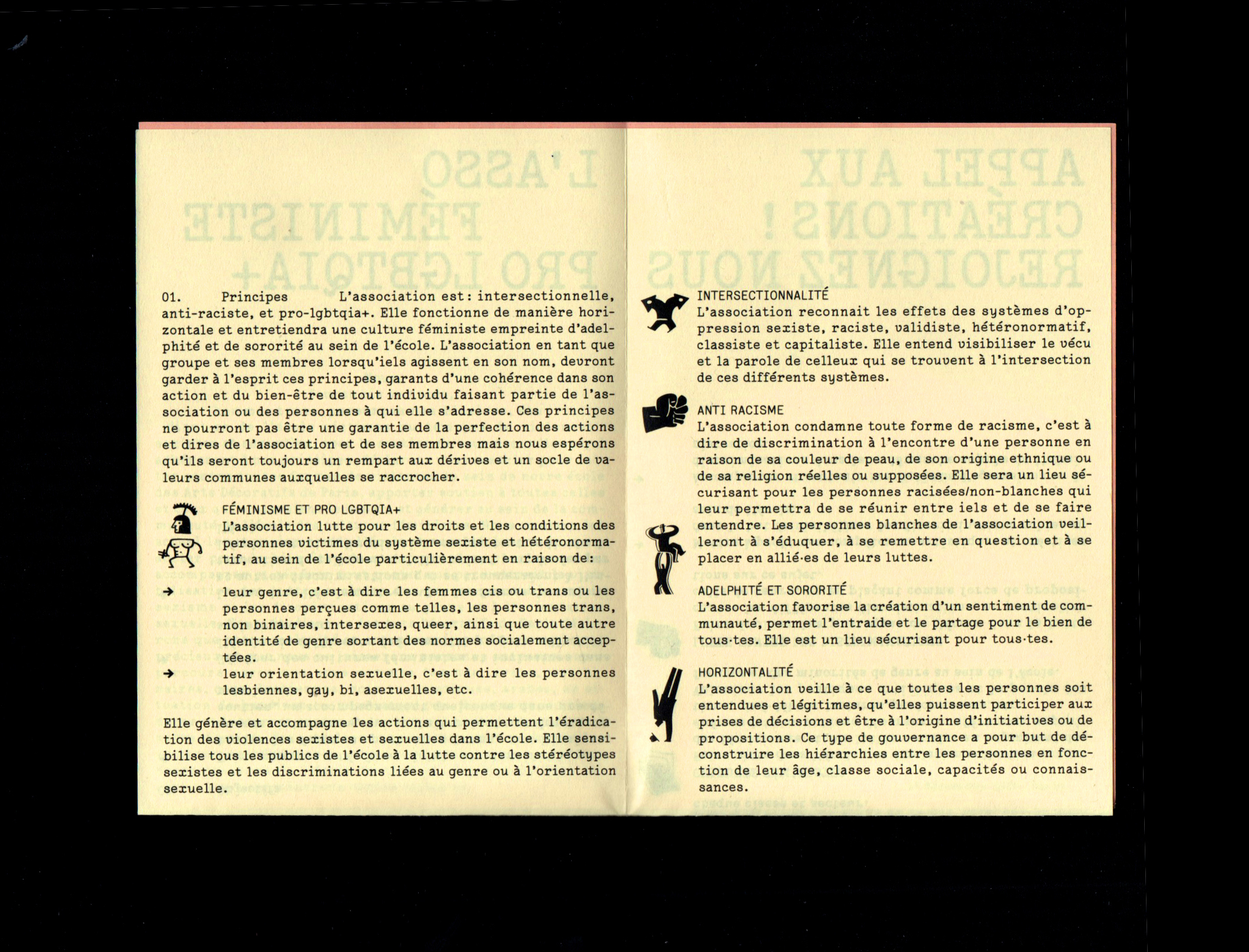 Dépliant présentant l’association féministe pro LGBTQIA+ (textes : Léna Martinez et Alexandra Piat, graphisme : Camille Boubals)