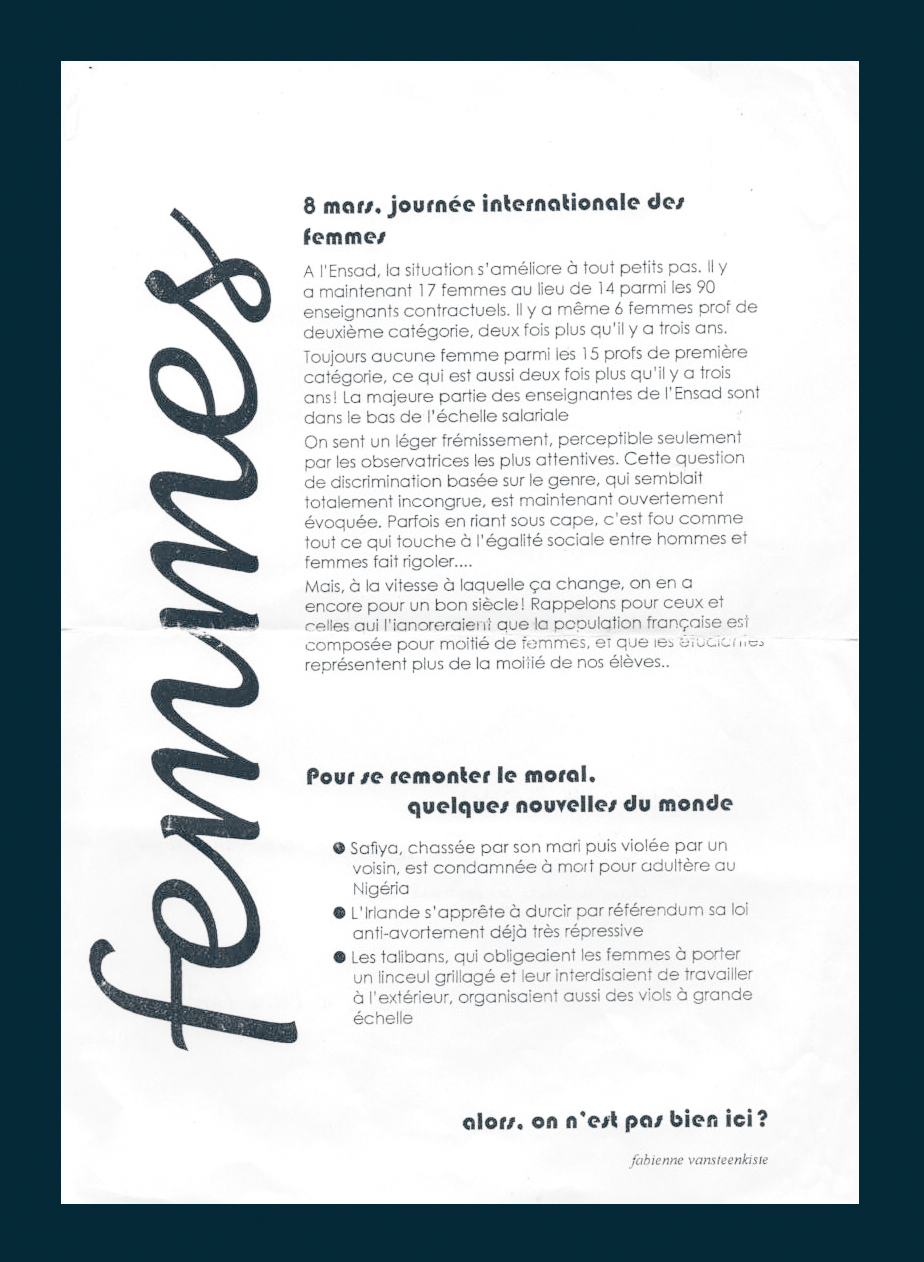 Fabienne Vansteenkiste (enseignante de 1979 à 2015), Femmes, tract distribué le 8 mars 2002.