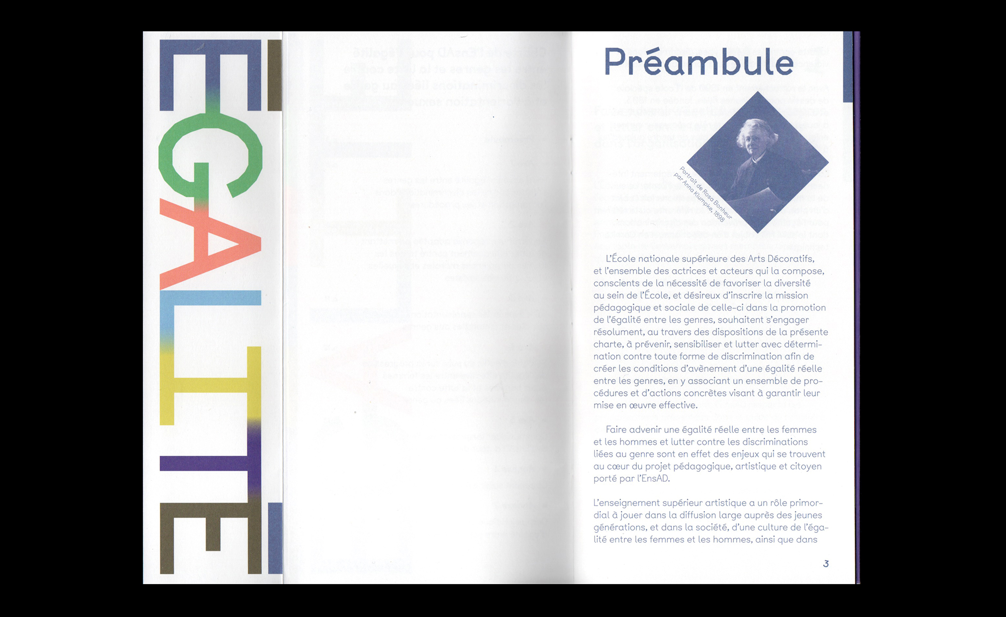 Préambule, charte de l’Ensad pour l’égalité entre les genres et la lutte contre les discriminations liées au genre et à l’orientation sexuelle, janv. 2019 (design graphique : Camille Boonen et Clémence Rivalier)